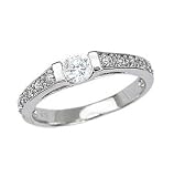 Sterling Silver Engagement Ring with Round Cubic Zirconia In Half-Bezel-Setting