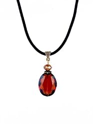 Necklace - N394 - Faceted Fire Polished Crystal Glass Pendant Hung on 16" Black Velvety Flock Cord + 2" Extension Chain - Gold Tone Ends - Oval Shape - Smoky Topaz (Dark Brown)