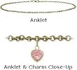 10 Karat 9" Yellow Gold Belcher Style Pink Stone Heart Charm Anklet