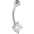 Solid 14kt White Gold Cz Square Solitaire Belly Ring