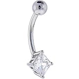 Solid 14KT White Gold CZ SQUARE SOLITAIRE Belly Ring