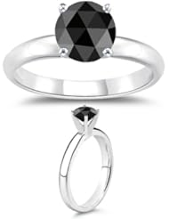 2.00 Cts Round Rose Cut A Black Diamond Solitaire Ring in 14K White Gold