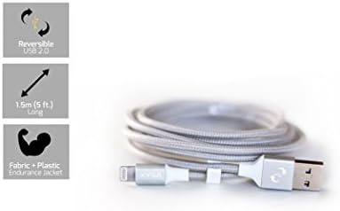 Xyra-XL Reversible USB Syncing Cable-MFi Apple Certified Lightning Connector Charge Sync Cord-Reversible USB,5 ft(1.5m) Long, Fabric+Plastic Jacket-For iPhone iPad iPod (iOS 9 compatible) (Silver)