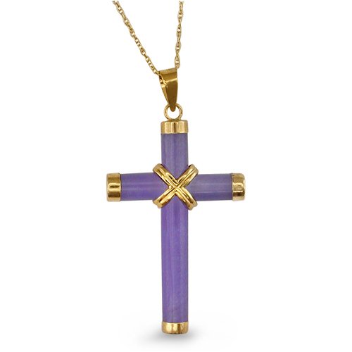 9ct Yellow Gold Lavender Jade Cross with Gold End Caps and Centre Piece with 18inch Prince of Wales Chain