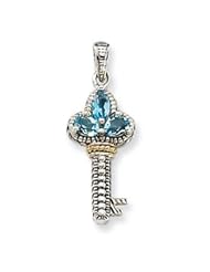 Antique Sterling Silver & 14K Gold Blue Topaz Key Pendant