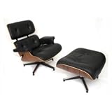 Eames Lounge Chair Recliner Lounger and Matching Ottoman - Black Leather Walnut Wood Finish