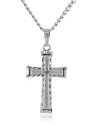Sterling Silver Hand Engraved Embossed Cross Pendant Necklace, 18"