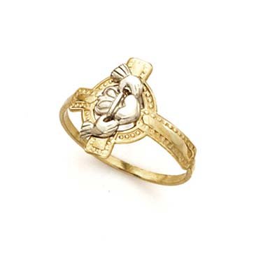 14k Two-Tone Claddagh Cross Ring – Size 7.0