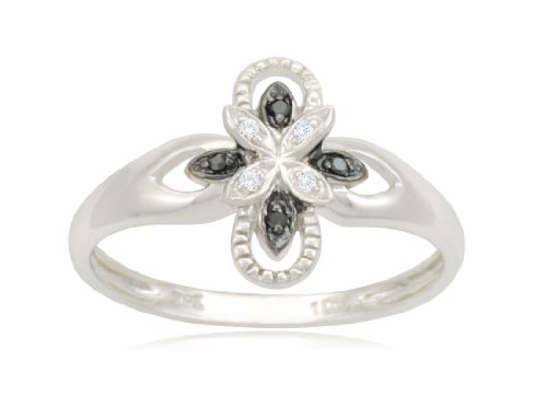 10k White Gold Flower Black and White Diamond Ring (0.02 cttw, I-J Color, I2-I3 Clarity), Size 6