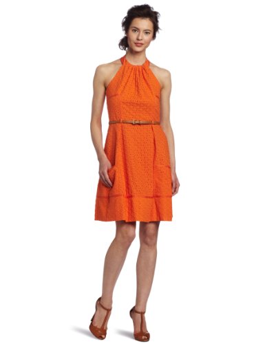 London Times Women's Eyelet Fit And Flare Dress, Tangerine, 4