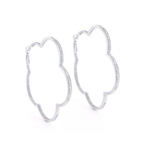 Open Clover Flower Encrusted Diamond CZ Sterling Silver Hoop Earrings 1.5"