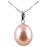 AugustinaJewelry Freshwater Cultured Oval Shape 9-10mm Pink Pearl Pendant with 18K White Gold, 16" Sterling Silver 1MM Cable Chain