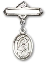 Sterling Silver Baby Badge with St. Rita of Cascia Charm and Polished Badge Pin