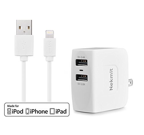 [Apple MFI Certified] Nekmit 8 Pin Lightning Cable with 17W 3.4A Dual Port USB AC Charger Power Adapter for iPhone 6 6 Plus, iPhone 5 5s 5c, iPod Touch 5th, Nano 7th, and iPad 4 Air Air 2 Mini-Compatible with IOS 8