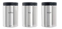 Brabantia Canister Set 1.4L (Tea, Coffee, Sugar), Brilliant Steel with Black Lid