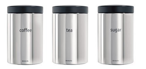 Brabantia Canister Set 1.4L (Tea, Coffee, Sugar), Brilliant Steel with Black Lid