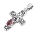 Sterling Silver and Marcasite Cross Pendant With Garnet / Clear Cubic Zerconia Stone - 19mm Height