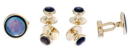 Gold plated cufflinks and shirt stud set with black mother of pearl accent with presentation box