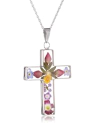 Sterling Silver Pressed Flower Multi-Colored Cross Pendant Necklace, 18"
