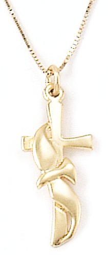 14k Yellow Gold Flowing Dove and Cross Pendant by Bob Siemon, 18