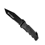 Smith & Wesson SWBG2TS Border Guard 2 Rescue Knife with 40% Serrated Tanto Blade, Glass Break, and Seatbelt Cutter, Black