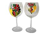 ArtisanStreet's Caliente Large Wine Goblets. Set of 4 Red Wine Glasses Feature Colorful Collection of Yellow, Red and Green Chili Peppers on Clear Crystal. Gold Lettering Reads Caliente. Hand Painted, One of a Kind, Signed by Artisan
