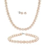 5.5-6mm Sterling Silver Genuine Freshwater Cultured Pink Pearl Necklace Bracelet & Stud Earring Set