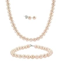 Sterling Silver 5.5-6mm Genuine Freshwater Cultured Pink Pearl Necklace Bracelet & Stud Earrings Set