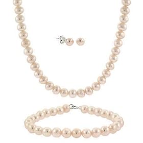 Sterling Silver 5.5-6mm Genuine Freshwater Cultured Pink Pearl Necklace Bracelet & Stud Earrings Set