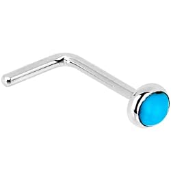 Solid 14KT White Gold 2mm Turquoise L-Shaped Nose Ring - 20 Gauge