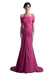 Chiffon Sheath Dropped   Waistline Floor Length Lace Beaded Off the Shoulder Short Sleeves Prom Dress 