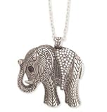 ZAD Large Detailed Vintage Look Elephant Charm Necklace with Ice Crystals Antique Silver Tone Long Chain
