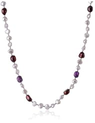 Multi-Purple Baroque Freshwater Cultured Pearl and Amethyst Nugget Knotted Sterling Silver Clasp Necklace, 36"