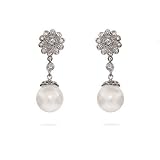 Eve's Addiction Sterling Silver Pearl Drop Earrings with CZ Flower