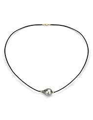 14k Yellow Gold 12-13mm Black South Sea Pearl and Rondels with Black Leather 18" Necklace. Secured with 14k Yellow Gold Lobster-claw-clasp.