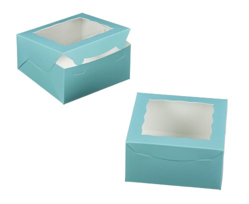 Dress My Cupcake Window Cupcake Box with Lid and Holder for 4 Jumbo Cupcakes, Tiffany Blue/White, Set of 100