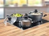 Zoom Produkt-Bild: STONELINE ® Aluminium 6-teiliges Kochtopf Set bestehend aus Bratentopf und Kochtöpfen, Durchmesser 16 cm, 20 cm und 24 cm, mit Glasdeckel und hochwertiger Antihaftbeschichtung, auch für Induktion