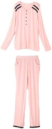 Miyang Women's Summer Cotton Solid Color Home Wear Pajama Set-Long Pjs(1423 Pink(Long Sleeves) S)