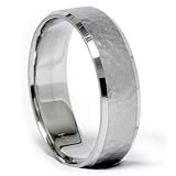 Mens 10K White Gold Hammered Beveled 6MM Flat Comfort Fit Wedding Band Ring