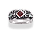Medieval Look Genuine Garnet and Green Topaz Weighty Sterling Silver Ring (Size 6)
