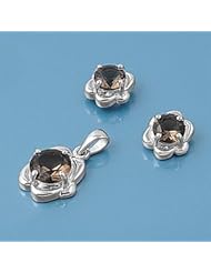Sterling Silver Smokey Topaz CZ Flower Stud Style Earring Pendant Set
