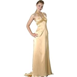 Formal Evening Gown. Gold Stretch Charmeuse Halter Dress for Prom, Party, Wedding by Sean Collection (8837)