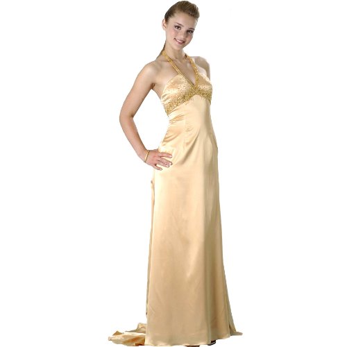 Formal Evening Gown. Gold Stretch Charmeuse Halter Dress for Prom, Party, Wedding by Sean Collection (8837 M )