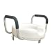 Easily attaches to toilet bowl with three hand tightening devices.::Lightweight, polyurethane seat is specially molded for maximum comfort.::Features padded, rust-resistant aluminum armrests for extra security.::Raises toilet seat by 5.::Width between arms: 18-1/2.::Seat size: 15 x 16-1/2.::Weight: 5 lbs.::Weight capacity 250 lbs.
