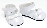 18 Inch Doll Dress Shoes for American Girl Dolls in White Patent Leather and Satin Rose Ribbon Trim, White Doll Dress Shoes