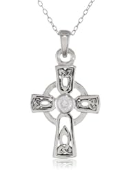 Sterling Silver Celtic Cross with Cubic Zirconia Center Pendant Necklace , 18"