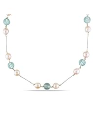 14K White Gold 6.5-7 MM Freshwater Cultured Pearl, and Blue Topaz Pearl Strand, 17"