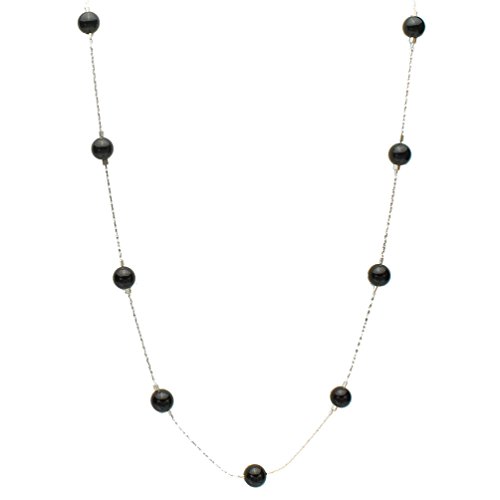 Black Onyx Stone Beads Station Illusion Sterling Silver Chain Necklace