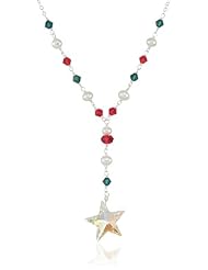 Swarovski Elements Crystal Aurora Borealis Star Pendant Necklace with Red and Green Swarovski Elements and White Freshwater Cultured Pearls, 18"