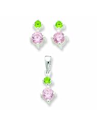 Sterling Silver Pink & Green CZ Earring & Pendant Set